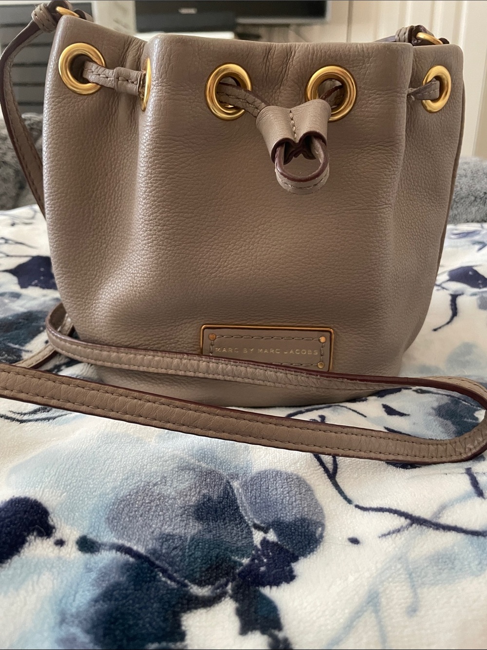 Marc by Marc Jacobs Taupe Leather Drawstring Bucket Crossbody with Gold Hardware